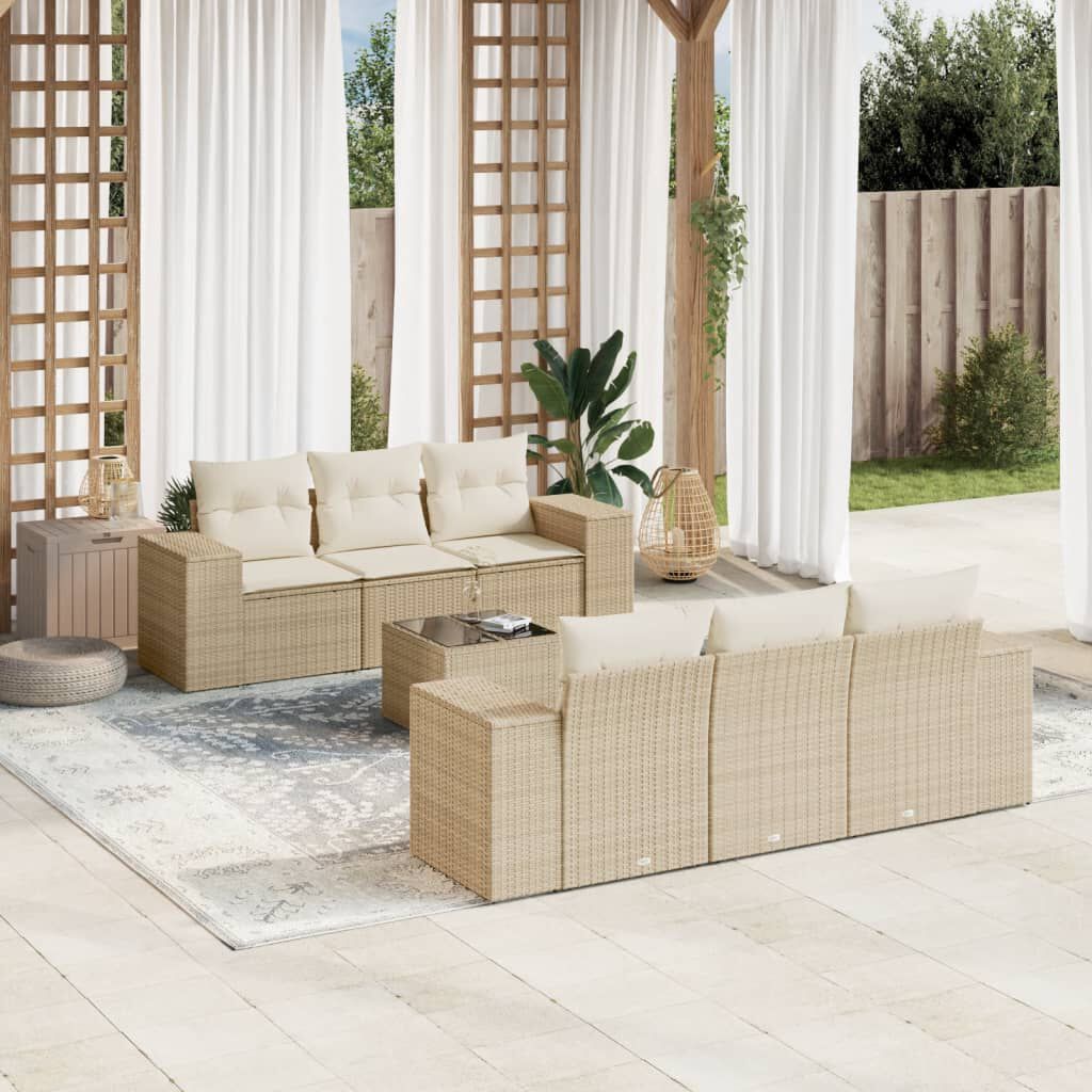vidaXL 7 Piece Garden Sofa Set with Cushions Beige Poly Rattan