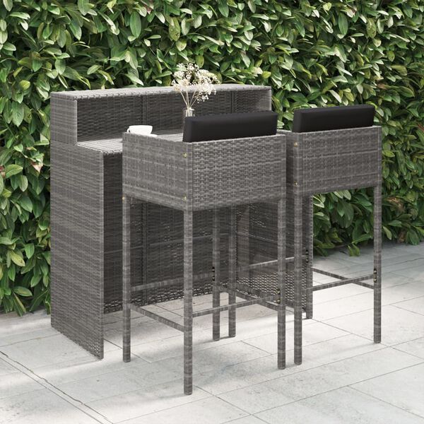 vidaXL 3 Piece Garden Bar Set with Cushions Poly Rattan Grey