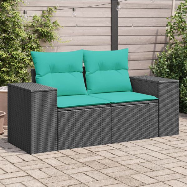 vidaXL Garden Sofa with Cushions 2-Seater Black Poly Rattan