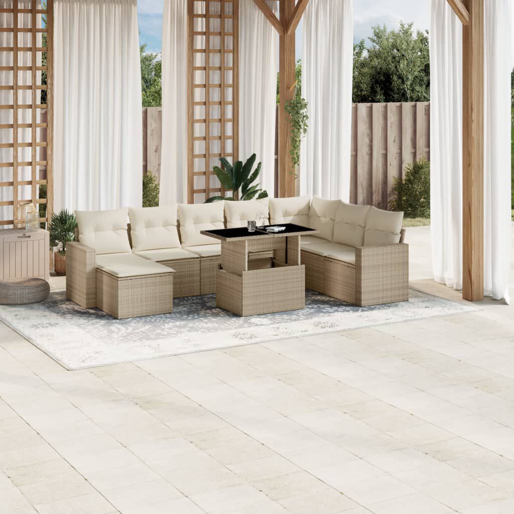vidaXL 9 Piece Garden Sofa Set with Cushions Beige Poly Rattan