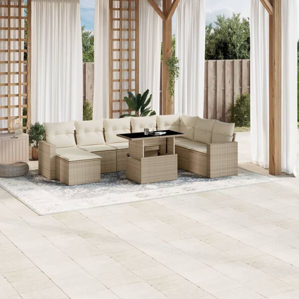 vidaXL 9 Piece Garden Sofa Set with Cushions Beige Poly Rattan
