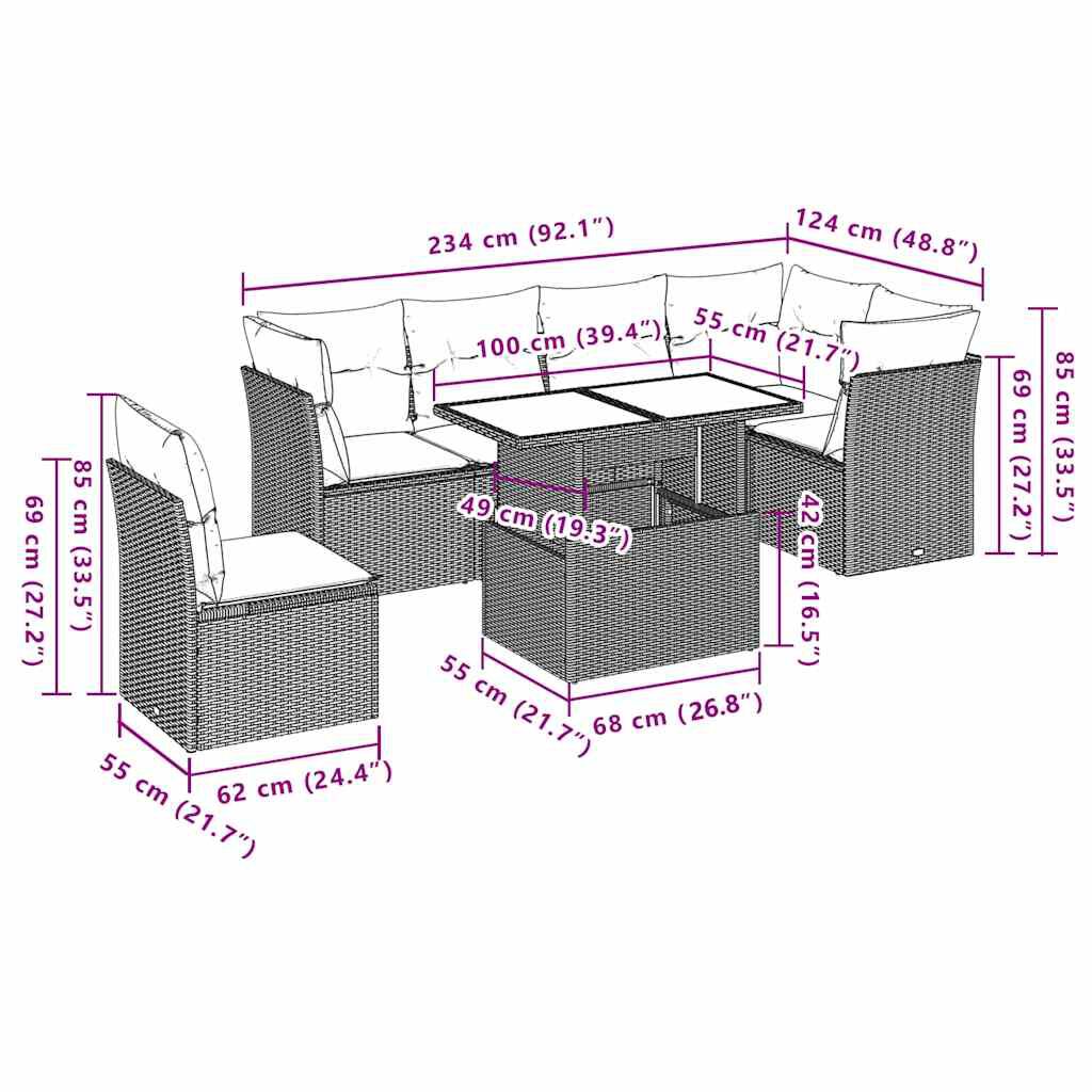 vidaXL 7 Piece Garden Sofa Set with Cushions Black Poly Rattan