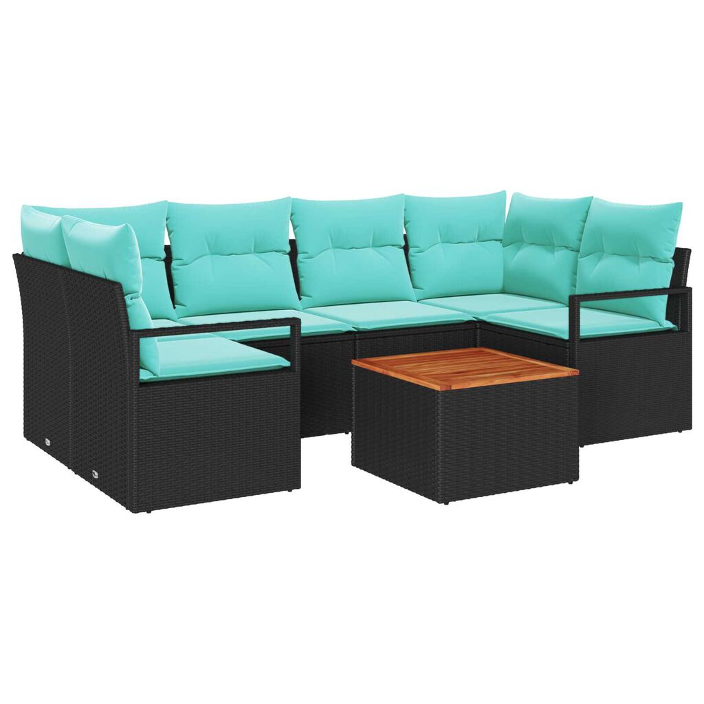 vidaXL 7 Piece Garden Sofa Set with Cushions Black Poly Rattan Acacia