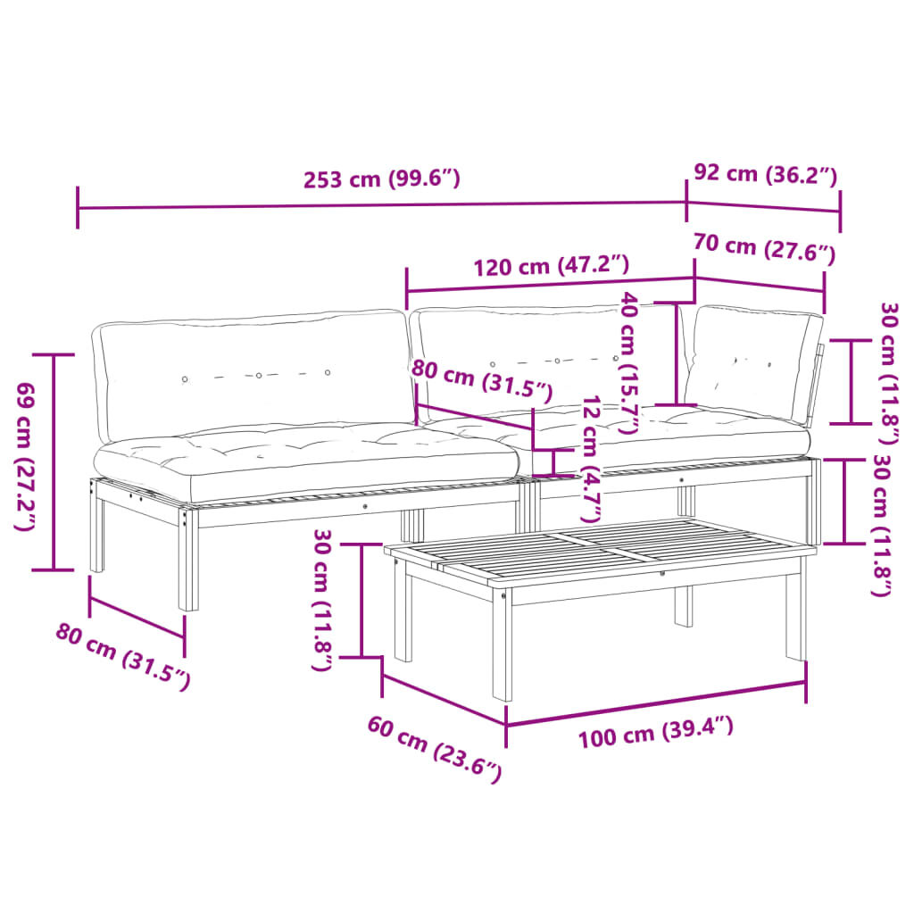 vidaXL 3 Piece Garden Pallet Sofa Set with Cushions Solid Wood Acacia