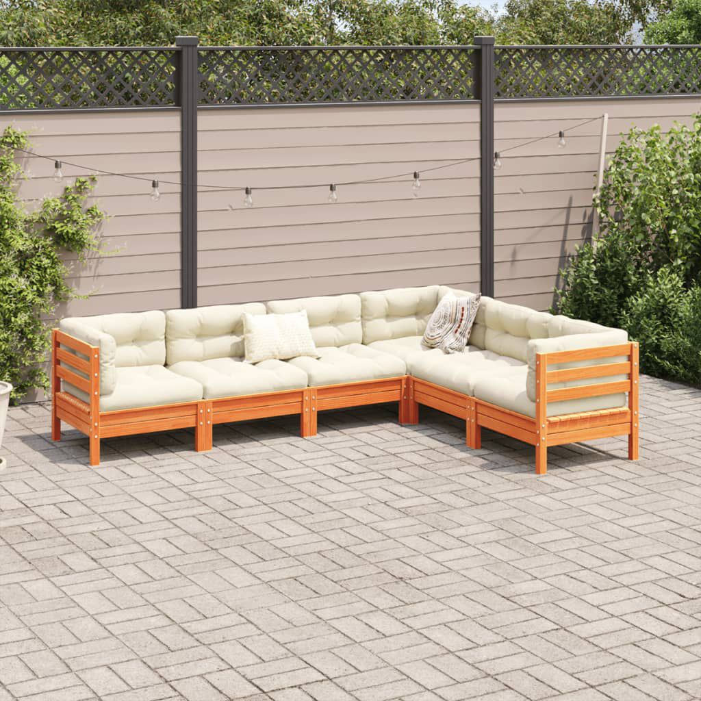 vidaXL 6 Piece Garden Sofa Set with Cushions Wax Brown Solid Wood Pine