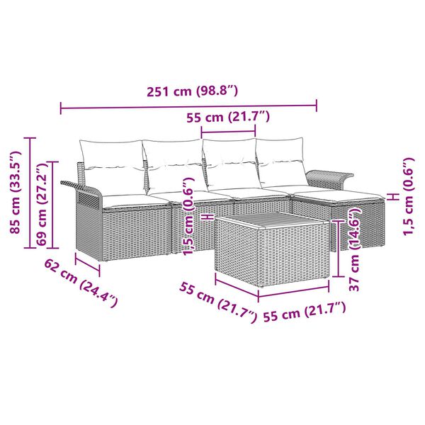 vidaXL 6 Piece Garden Sofa Set with Cushions Black Poly Rattan Acacia