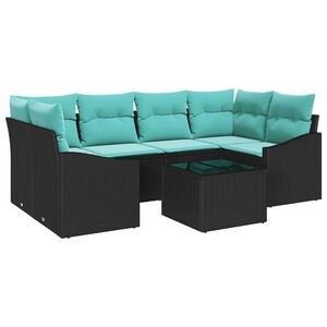 vidaXL Sofa Set with Cushion 7 pcs Black and Turquoise Poly Rattan