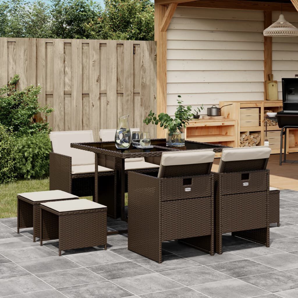 vidaXL 9 Piece Garden Dining Set with Cushions Brown Poly Rattan