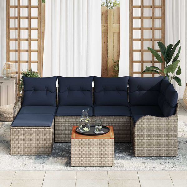 vidaXL 7 Piece Garden Sofa Set with Cushions Grey Poly Rattan Acacia