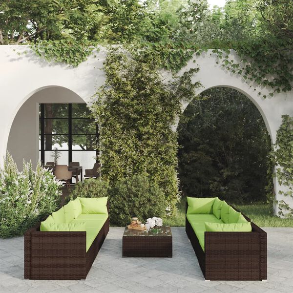 vidaXL 9 Piece Garden Lounge Set with Cushions Poly Rattan Brown