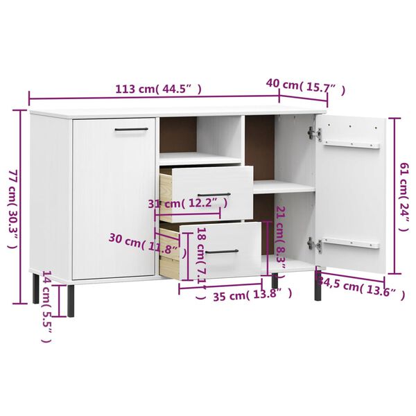 vidaXL Sideboard with Metal Legs White 113x40x77 cm Solid Wood OSLO