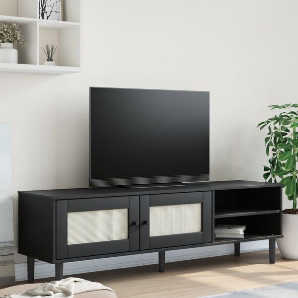 vidaXL TV Cabinet SENJA Rattan Look Black 158x40x49cm Solid Wood Pine