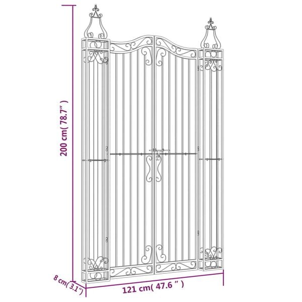 vidaXL Garden Gate Black 121x8x200 cm Wrought Iron