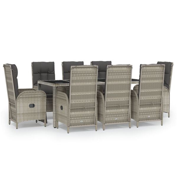 vidaXL 9 Piece Garden Dining Set with Cushions Grey Poly Rattan