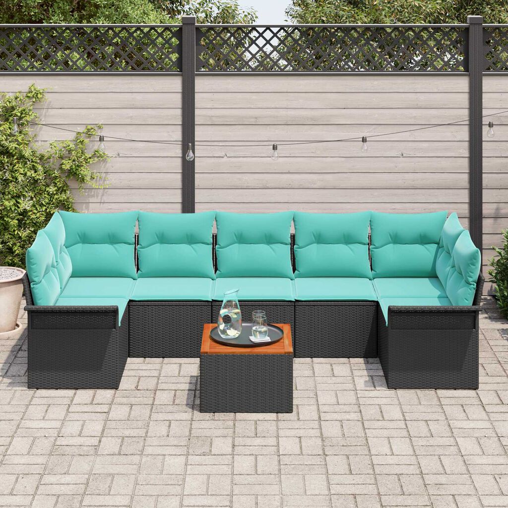 vidaXL 8 Piece Garden Sofa Set with Cushions Black Poly Rattan Acacia