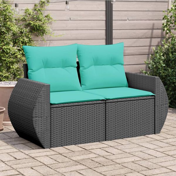 vidaXL Garden Sofa with Cushions 2-Seater Black Poly Rattan