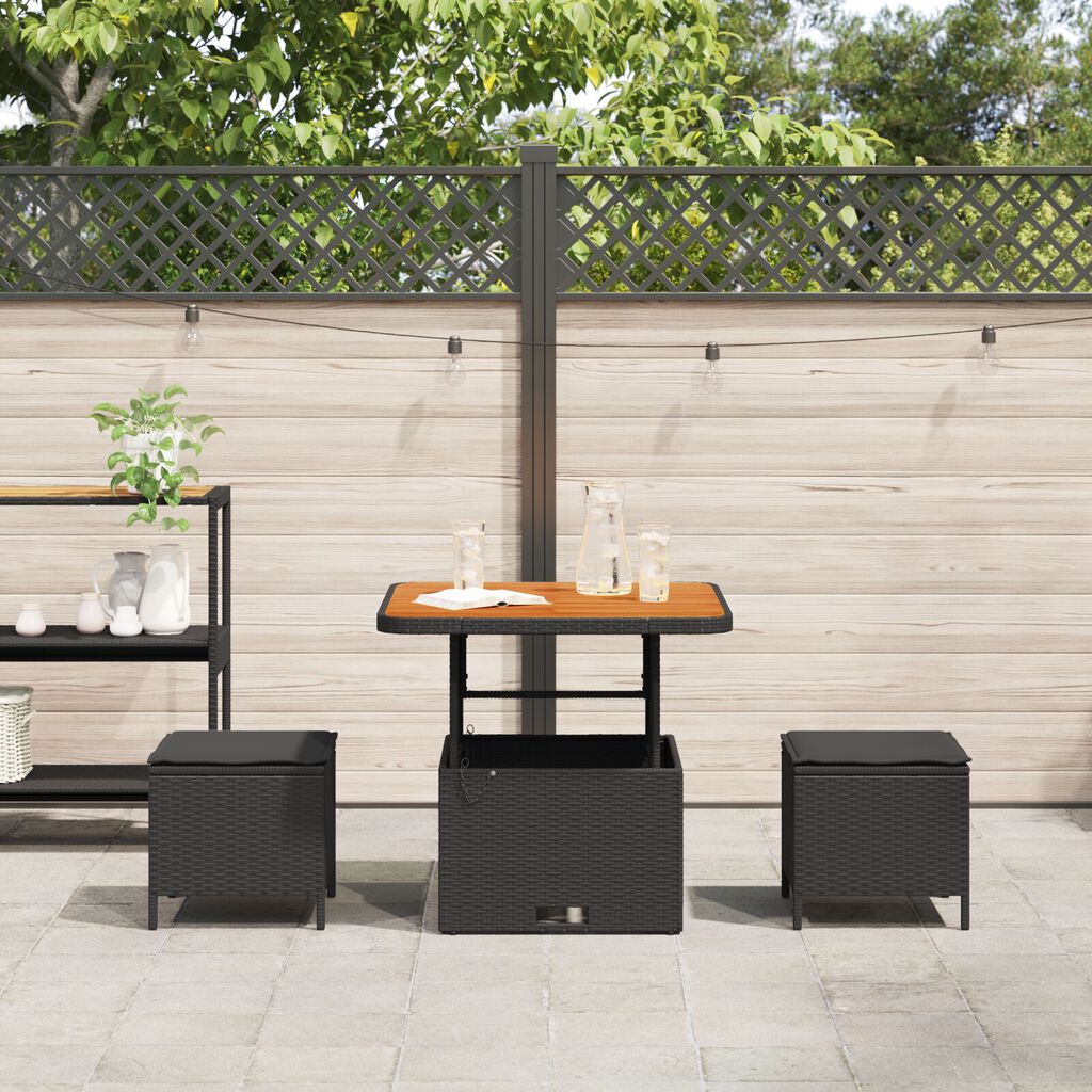 vidaXL 3 Piece Garden Dining Set with Cushions Black Poly Rattan Acacia