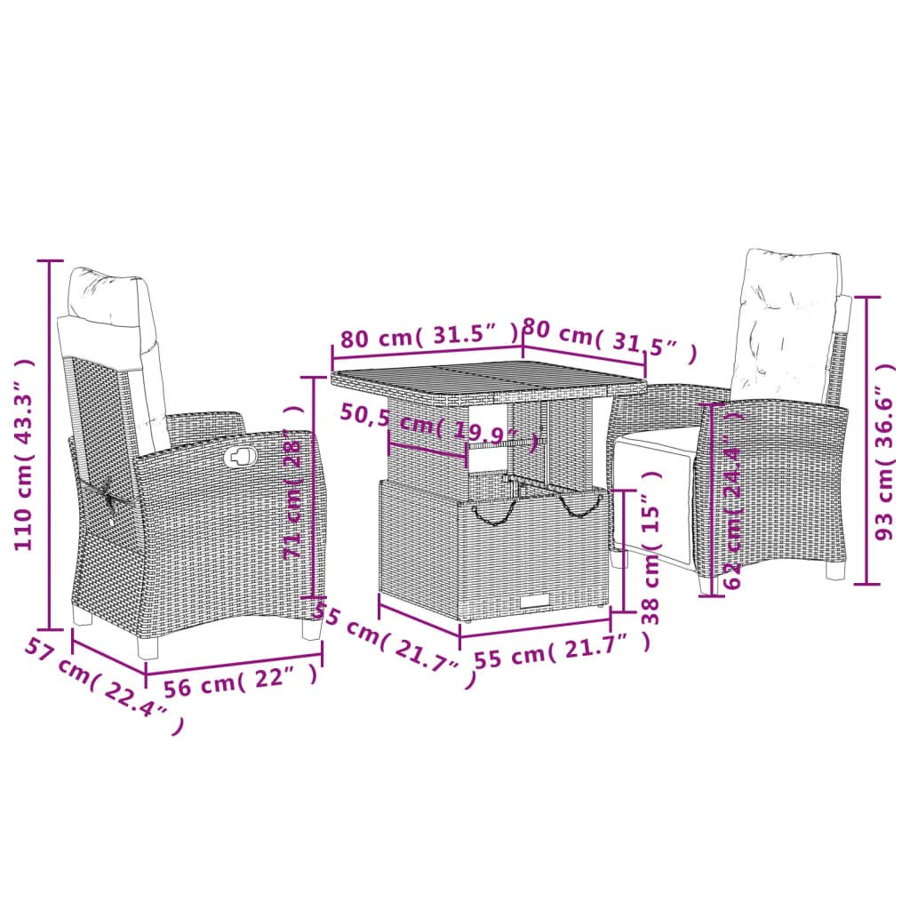 vidaXL 3 Piece Garden Dining Set with Cushions Grey Poly Rattan