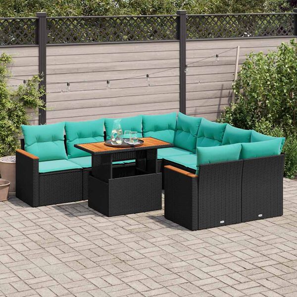 vidaXL 9 Piece Garden Sofa Set with Cushions Black Poly Rattan