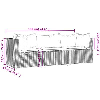 vidaXL 3 Piece Garden Lounge Set with Cushions Grey Poly Rattan