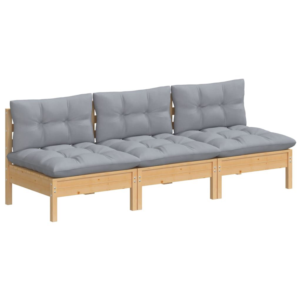 vidaXL 3-Seater Garden Sofa with Grey Cushions Solid Pinewood