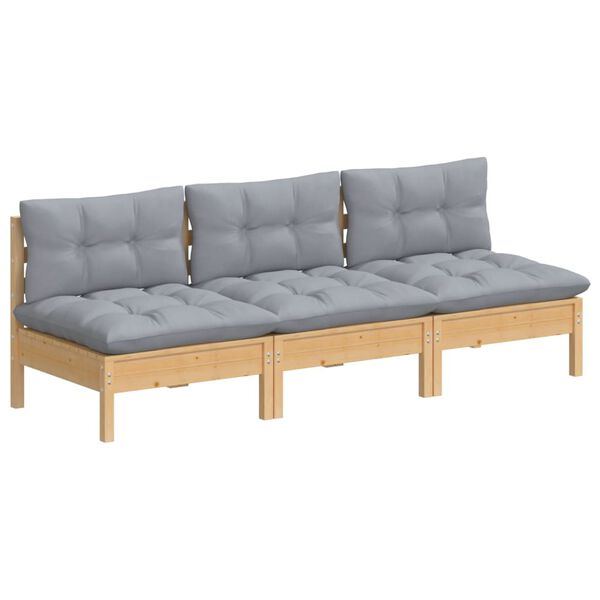 vidaXL 3-Seater Garden Sofa with Grey Cushions Solid Pinewood