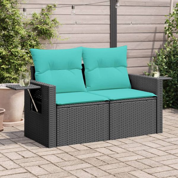 vidaXL Garden Sofa with Cushions 2-Seater Black Poly Rattan
