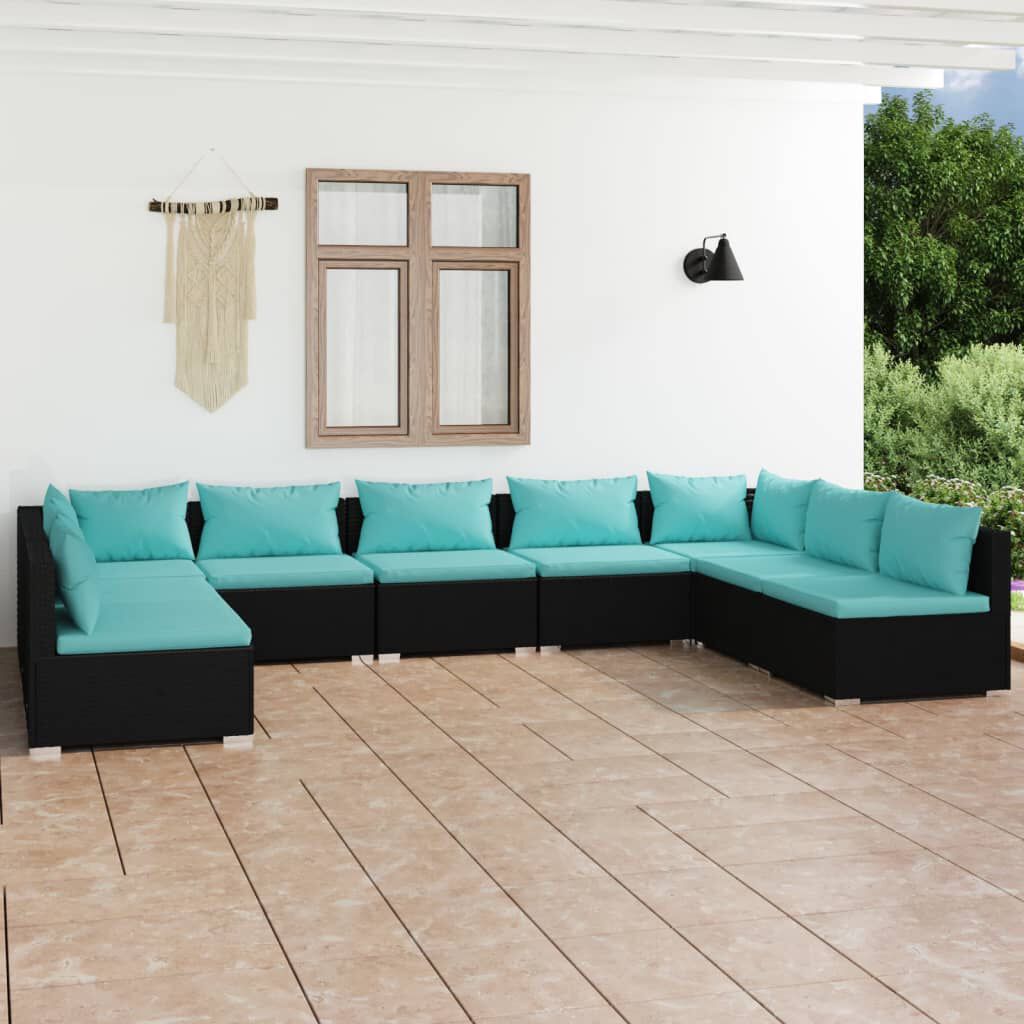 vidaXL 9 Piece Garden Lounge Set with Cushions Poly Rattan Black