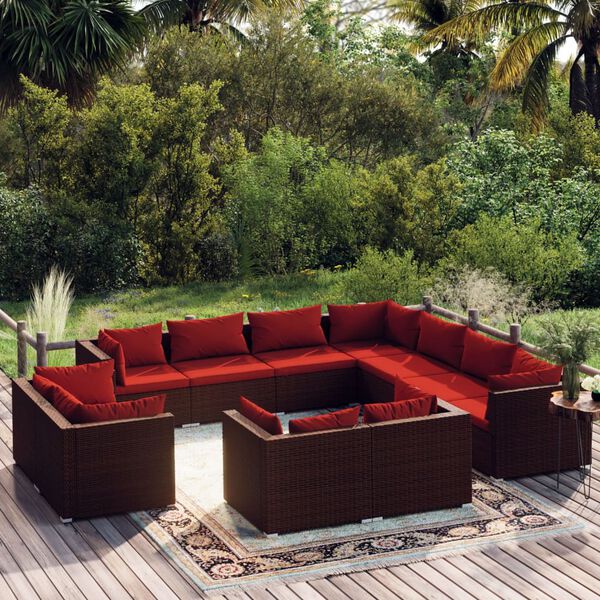 vidaXL 11 Piece Garden Lounge Set with Cushions Brown Poly Rattan
