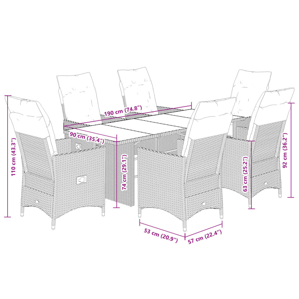 vidaXL 7 Piece Garden Dining Set with Cushions Grey Poly Rattan