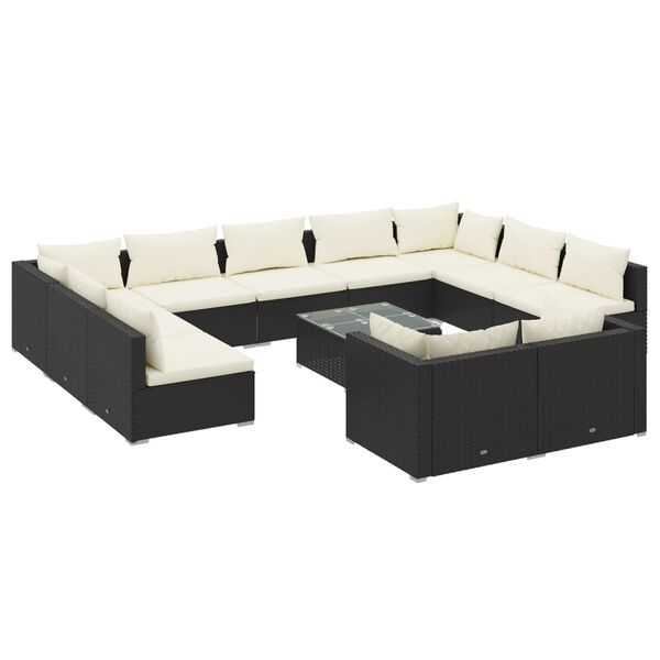 vidaXL 12 Piece Garden Lounge Set with Cushions Black Poly Rattan