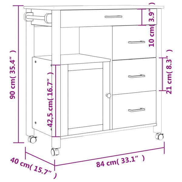 vidaXL Kitchen Trolley MONZA 84x40x90 cm Solid Wood Pine