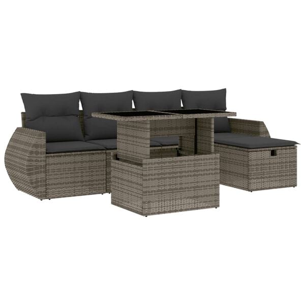 vidaXL 6 Piece Garden Sofa Set with Cushions Grey Poly Rattan