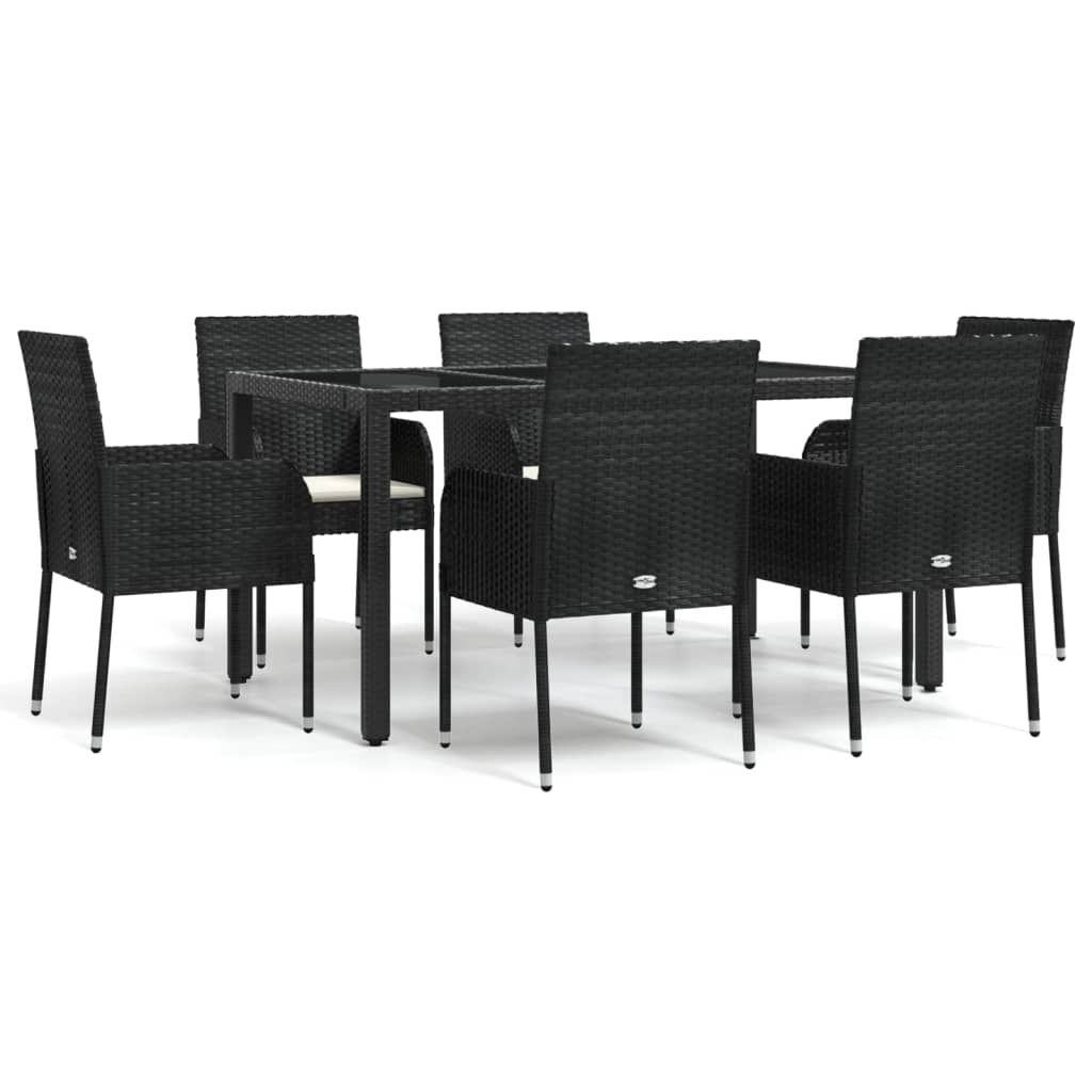 vidaXL 7 Piece Garden Dining Set with Cushions Black Poly Rattan