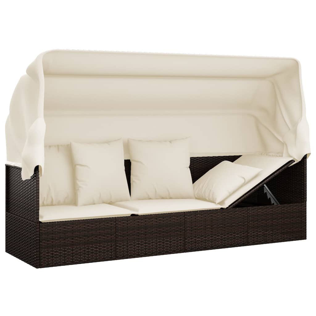 vidaXL Outdoor Lounge Bed with Roof and Cushions Brown Poly Rattan