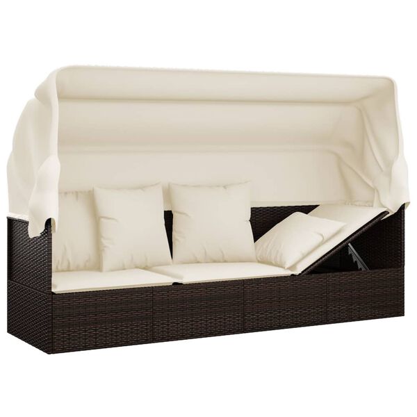 vidaXL Outdoor Lounge Bed with Roof and Cushions Brown Poly Rattan