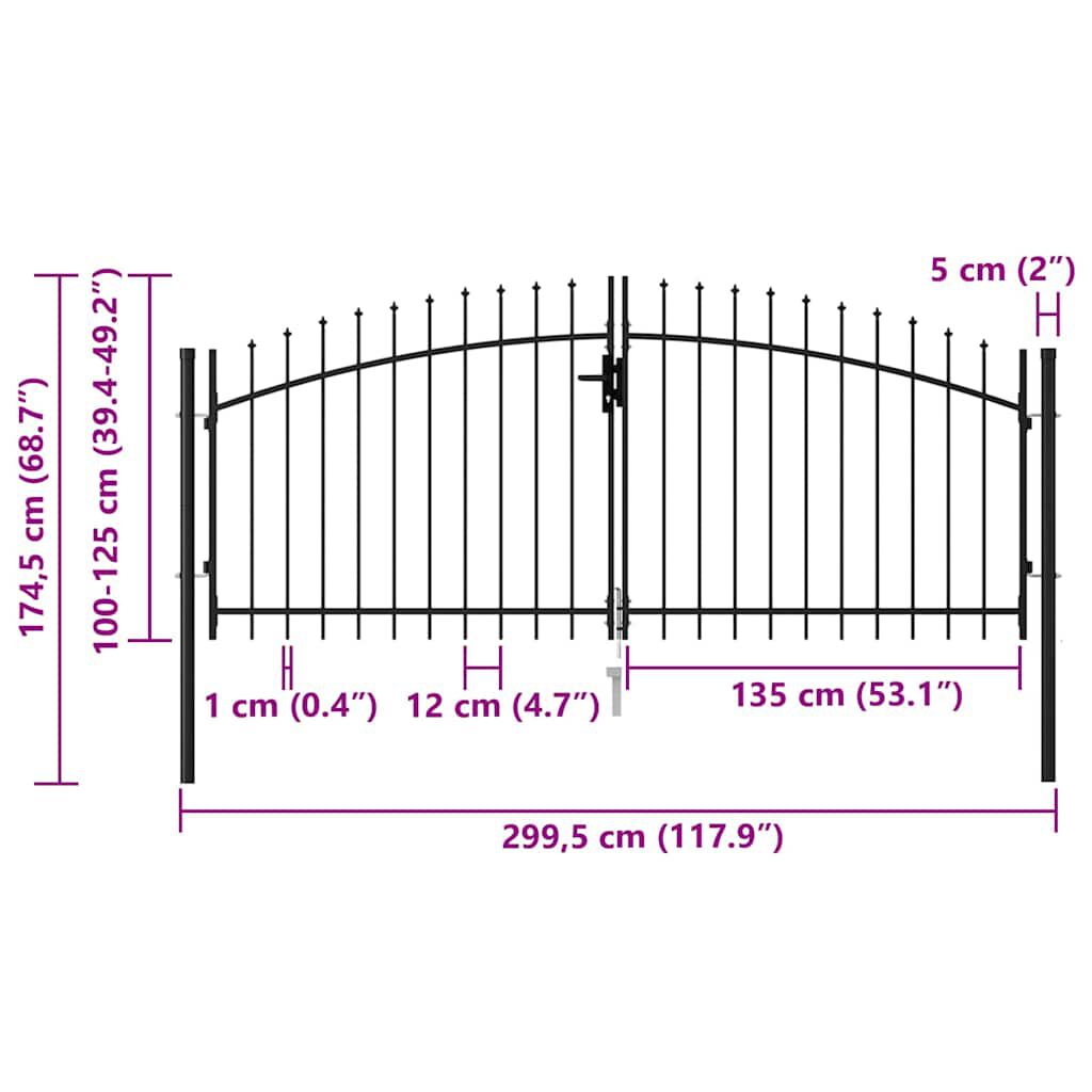 vidaXL Fence Gate Double Door with Spike Top Steel 3x1.25 m Black