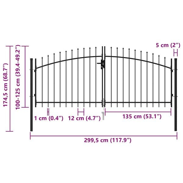 vidaXL Fence Gate Double Door with Spike Top Steel 3x1.25 m Black