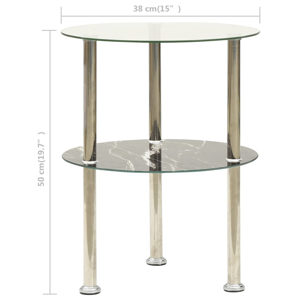 vidaXL 2-Tier Side Table Transparent & Black Marble 38 cm Tempered Glass