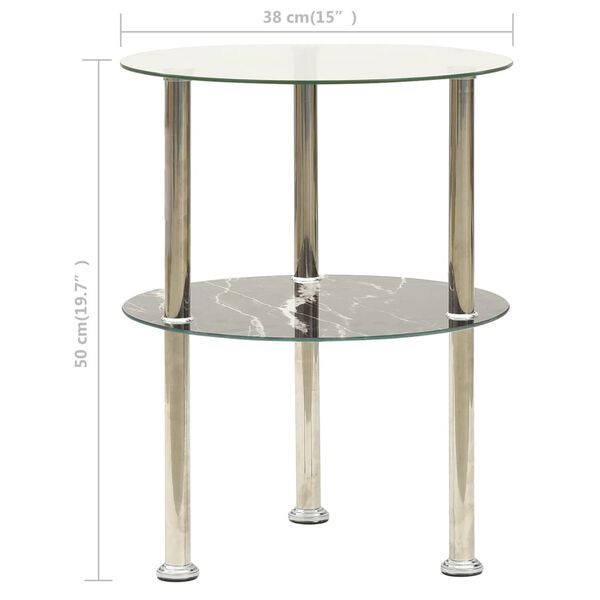 vidaXL 2-Tier Side Table Transparent & Black Marble 38 cm Tempered Glass
