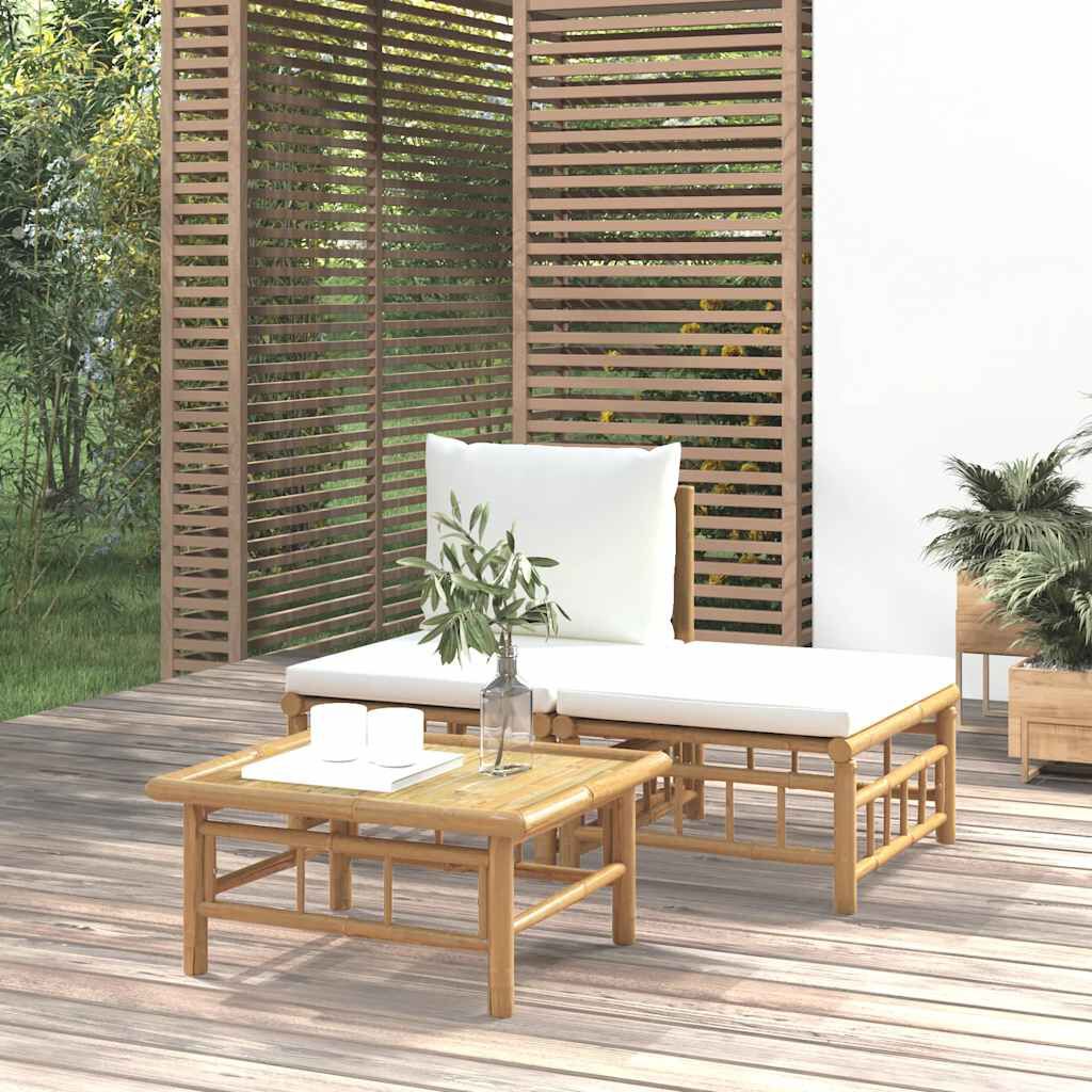 vidaXL 3 Piece Garden Lounge Set with Cream White Cushions Bamboo