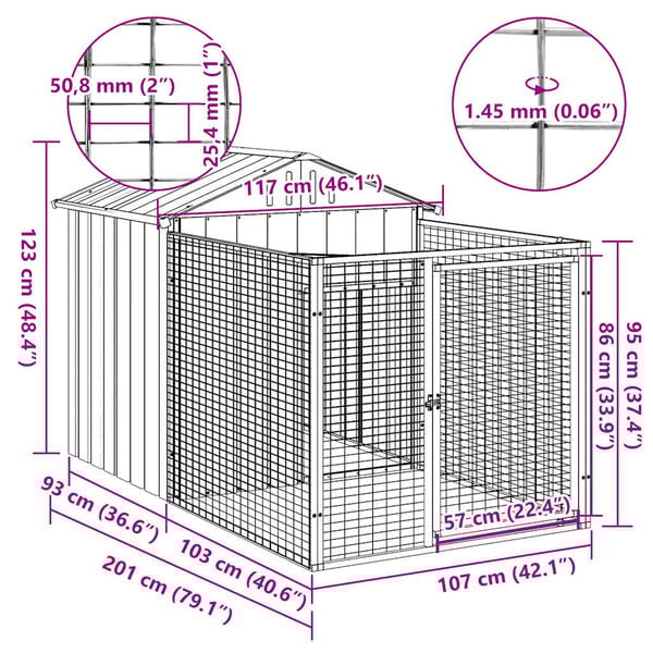 vidaXL Dog House with Run Light Grey 117x201x123 cm Galvanised Steel