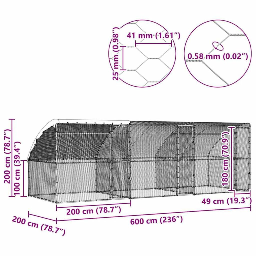 vidaXL Chicken Cage Silver 600 x 200 x 198.5 cm Galvanised steel