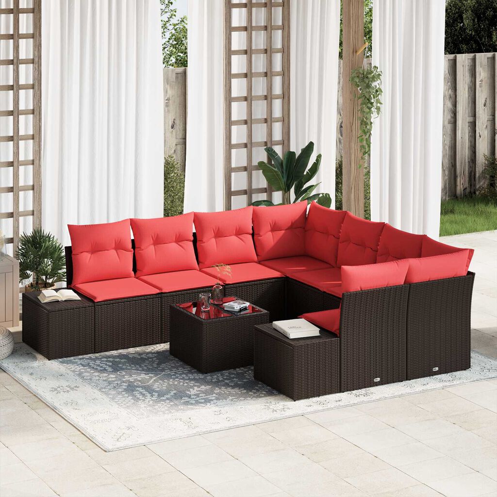 vidaXL 9 Piece Garden Sofa Set with Cushions Brown Poly Rattan