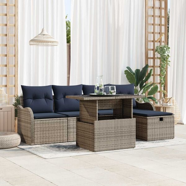 vidaXL 6 Piece Garden Sofa Set with Cushions Grey Poly Rattan