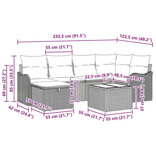 vidaXL 7 Piece Garden Sofa Set with Cushions Brown Poly Rattan