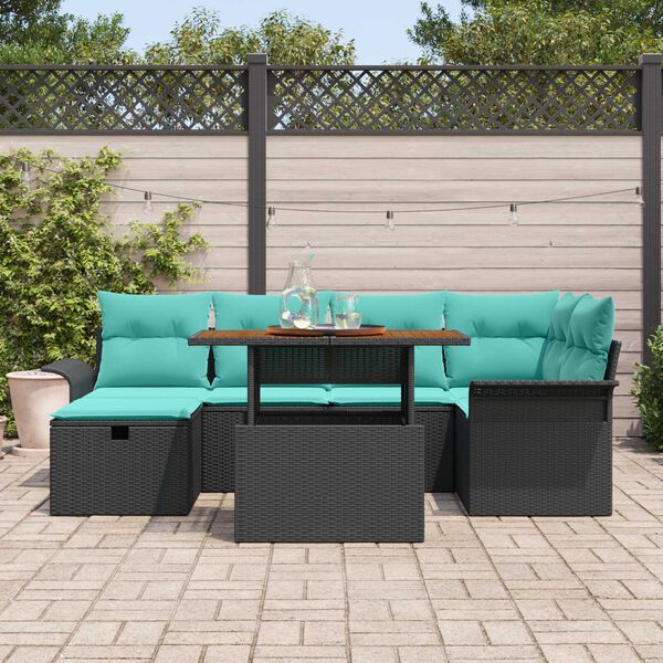 vidaXL 7 Piece Garden Sofa Set with Cushions Black Poly Rattan