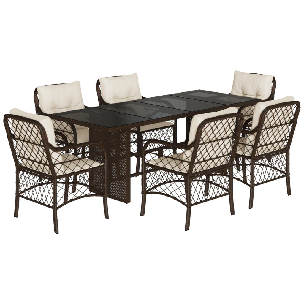 vidaXL 7 Piece Garden Dining Set with Cushions Brown Poly Rattan