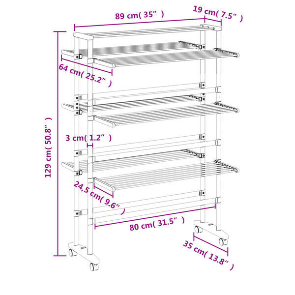 vidaXL Laundry Drying Rack with Wheels 89x64x129 cm Aluminium