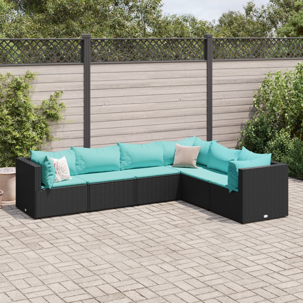 vidaXL 6 Piece Garden Lounge Set with Cushions Black Poly Rattan